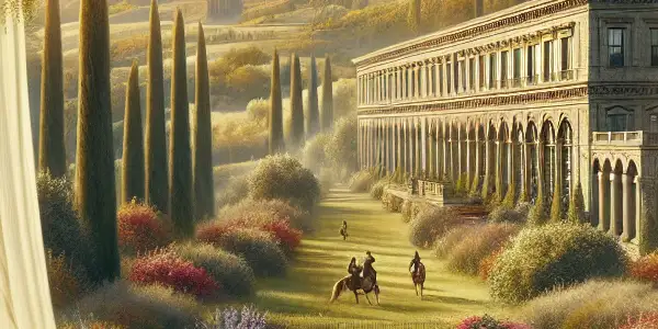 A couple shares a playful moment in a sunlit European manor surrounded by vibrant gardens and serene countryside.<a href=