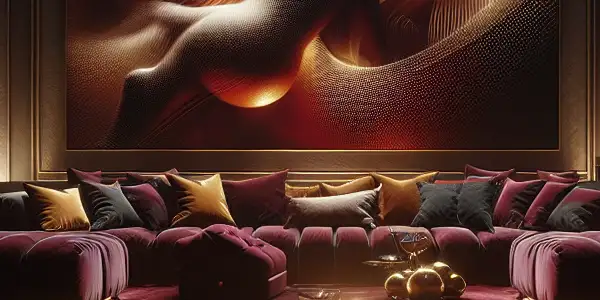 A luxurious, dimly lit room exuding intimacy, featuring a stylish couch, romantic artwork, and ambient lighting.