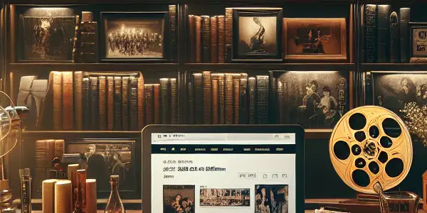 A cozy study filled with Korean erotic film posters, a vintage laptop, and cinematic elements like a projector and film reel.