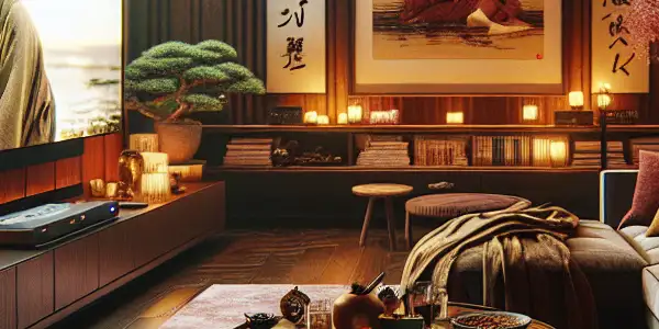 A cozy living room with a TV showing a romantic Japanese adult film, enriched by cultural decor and ambient lighting.