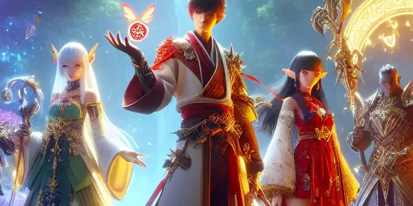 A vibrant fantasy forest scene featuring diverse characters in playful, suggestive interactions within an enchanting atmosphere.