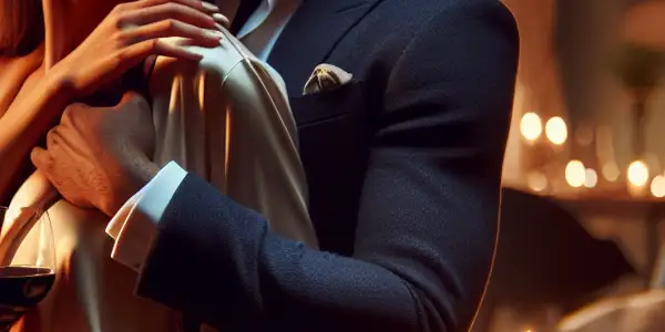 A passionate couple embraces in a luxurious, warmly lit apartment, surrounded by romantic elements.