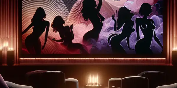 A luxurious home theater scene with intimate silhouettes and abstract shapes, evoking passion and elegance.