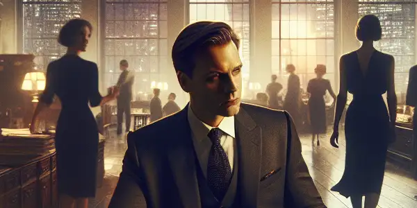 A charismatic politician in an elegant office, surrounded by tension, desire, and hints of forbidden relationships.