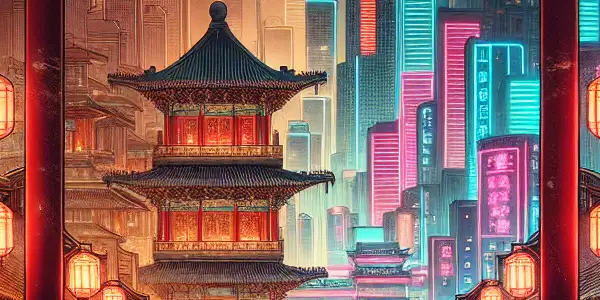 A fusion of ancient Chinese erotic art and modern adult entertainment in a vibrant cityscape.