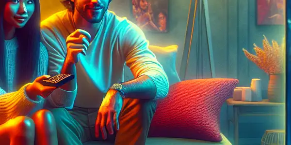 A cozy living room scene with two young adults excitedly selecting a movie together, surrounded by intimate comforts.