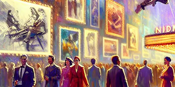 A vibrant film festival scene featuring elegantly dressed attendees discussing provocative themes and showcasing artistic interpretations of sensuality.