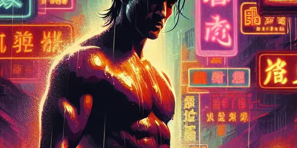 A rugged male protagonist in a neon-lit Hong Kong night, blending action and sensuality with a moody urban backdrop.