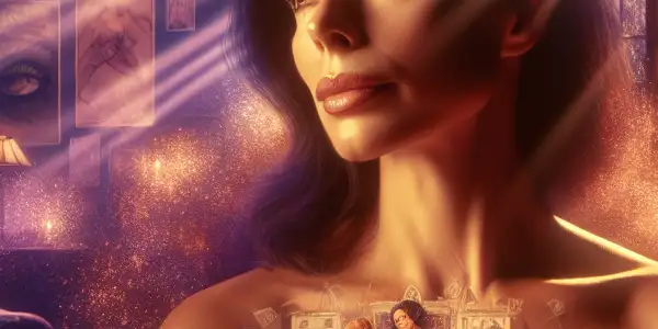 A woman reads in a cozy library, surrounded by books and hints of adult film posters, evoking intimacy and exploration.