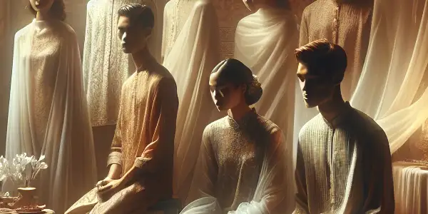 A dreamlike scene featuring intimate figures in delicate lingerie, surrounded by soft lighting and a tranquil, elegant background.