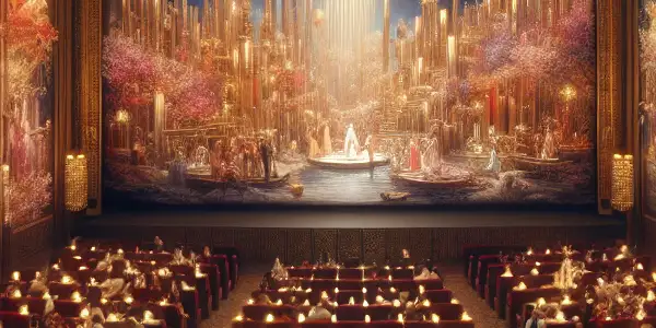 A cozy theater showcasing a film festival dedicated to Chinese erotic cinema, with captivated audience and iconic film scenes.