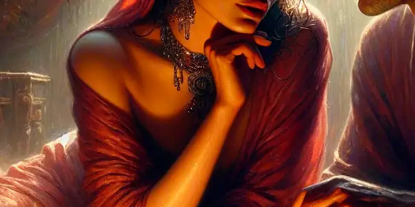 An intimate room with a couple engaged in a deep conversation, reflecting love and tension amidst warm decor.