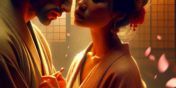 A warm, intimate scene with two characters sharing a tender moment in a cozy, traditionally decorated Japanese room.