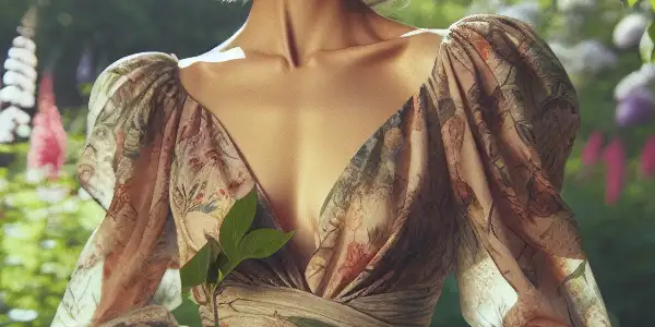 A confident woman in a floral dress surrounded by vibrant spring flowers and lush greenery.