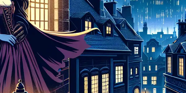 A shadowy assassin observes a romantic encounter in a moonlit, gothic cityscape filled with intrigue.