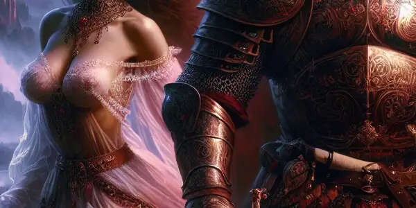 A muscular warrior and a beautiful warrior woman share an intense moment on a dramatic twilight battlefield.