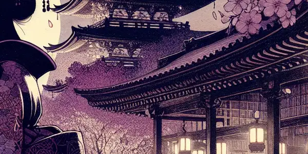 A serene Japanese temple at twilight, featuring cherry blossoms and a mysterious woman in traditional attire.