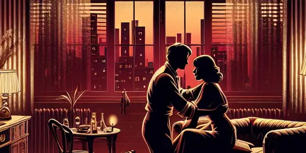 A passionate couple embraces in a dimly lit Parisian apartment, with the city skyline visible at twilight.