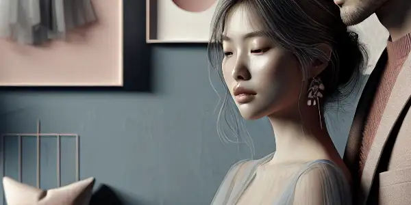 A serene couple in a cozy Scandinavian room, blending romance with minimalist decor and soft, inviting colors.