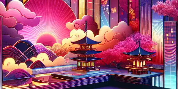 A vibrant digital landscape showcasing an adult entertainment platform for the Asian community, featuring romantic visuals and Japanese pop culture elements.