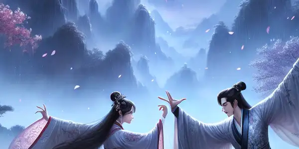Two elegantly dressed warriors engage in a passionate, dance-like sparring match under a moonlit sky in ancient China.
