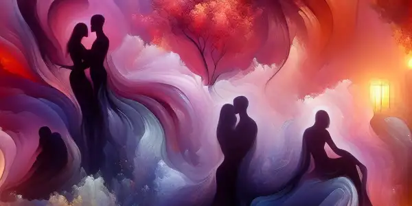 A surreal landscape featuring intimate couples, cherry blossoms, and lanterns, embodying Japanese AV cinema's allure and sensuality.