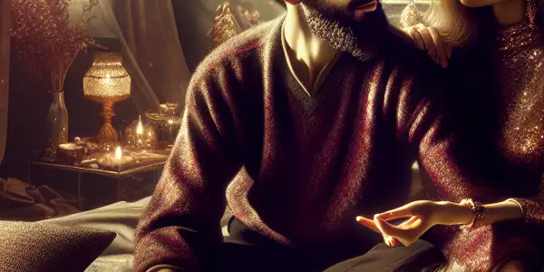 A romantic couple in a luxurious bedroom, embracing tenderly amidst soft lighting and elegant décor.