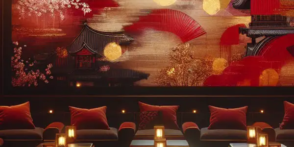 A luxurious, dimly lit lounge featuring plush seating, abstract visuals, and subtle Japanese cultural elements, evoking sensuality and mystery.
