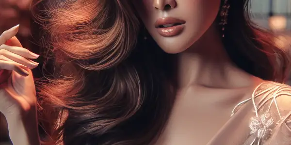 A captivating portrait of Rie, a fictional Japanese adult film star, exuding allure in a luxurious, intimate setting.