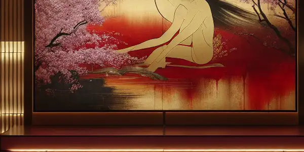 A luxurious screening room with plush seating, abstract intimate art, and Japanese aesthetic elements creating an inviting atmosphere.