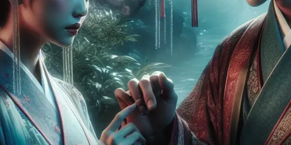 Jia Baoyu and Lin Daiyu share an intimate gaze in a lush garden filled with cherry blossoms.