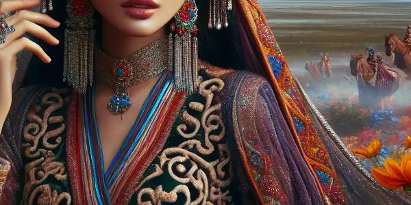 A graceful woman in traditional Xinjiang attire stands in a lush, twilight landscape, exuding confidence and allure.