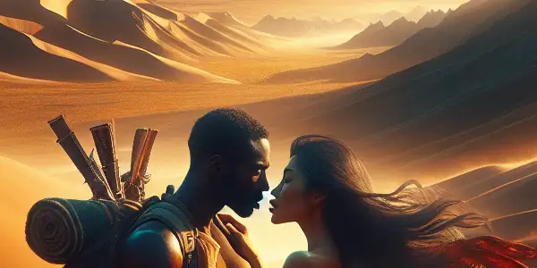 A couple embraces passionately amid Xinjiang's rolling sand dunes and rugged mountains under a clear blue sky.