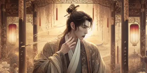 An opulent Chinese courtyard scene featuring a passionate male figure amidst lush greenery and delicate lanterns, evoking romance and desire.