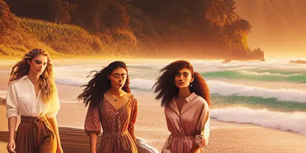A scenic New Zealand beach at sunset featuring three women in playful poses, celebrating natural beauty and cultural diversity.