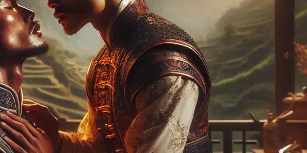 A passionate encounter between two characters in traditional Chinese attire amidst a lush, historical landscape.