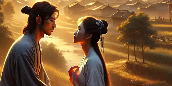 A serene rural landscape at sunset featuring two figures expressing deep emotion and longing.