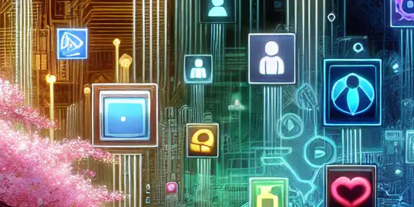 A modern digital platform showcasing vibrant thumbnails of Japanese adult films, blending traditional aesthetics with high-tech design.