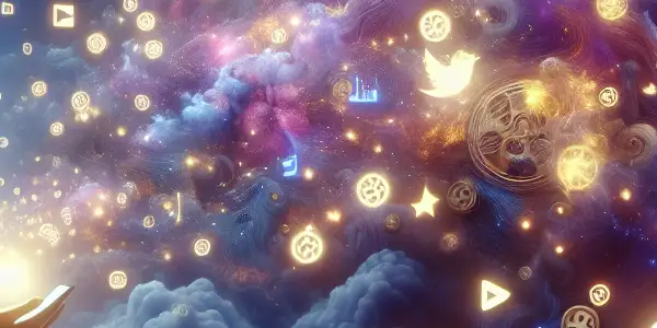 A contemplative figure in a cloud landscape surrounded by floating digital icons and glowing symbols of media.