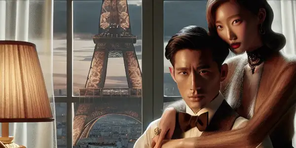 A passionate couple embraces in a dimly lit Parisian apartment, with the Eiffel Tower visible through sheer curtains.