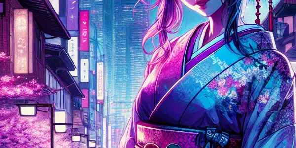 A vibrant Tokyo night scene featuring a stylish Japanese adult film actress amidst neon lights and cherry blossoms.