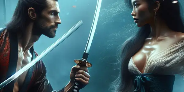 A romantic confrontation between two martial artists in a moonlit forest, filled with tension and desire.