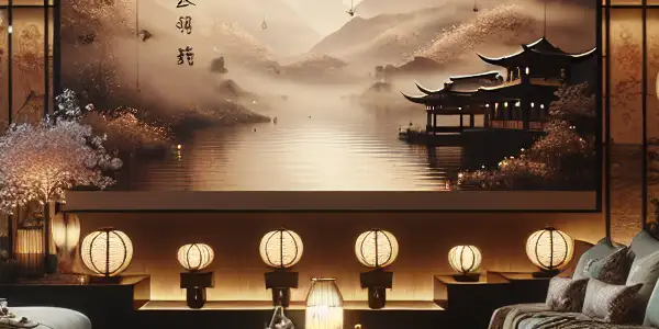 A dimly lit room with plush cushions, abstract visuals, and hints of Japanese aesthetics, suggesting adult entertainment.