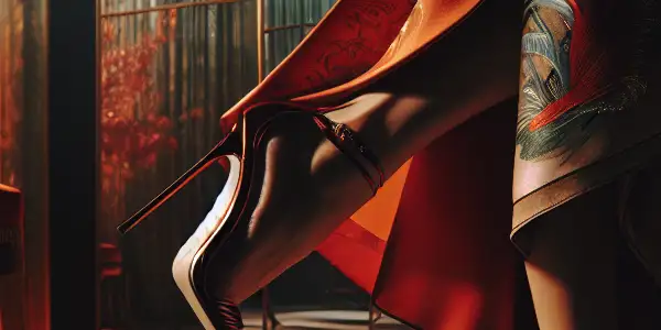 A glamorous actress in stiletto heels poses in a dimly lit, opulent setting reminiscent of classic Japanese AV films.