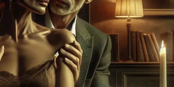 A middle-aged couple shares a tender moment in a warmly lit, intimate living room filled with personal touches.