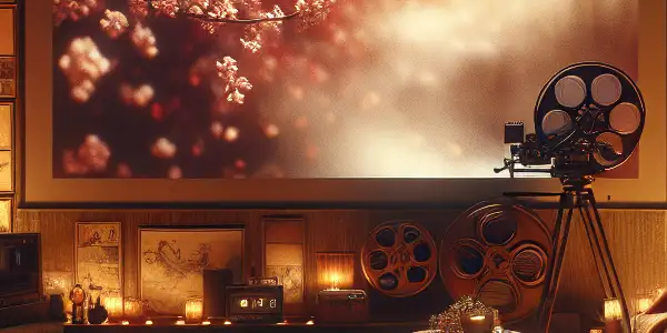 A cozy, dimly lit room featuring elements of Japanese AV cinema, with film reels, vintage projectors, and artistic posters.