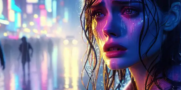 A melancholic woman stands alone on a rain-soaked street, surrounded by neon lights, evoking romance and tragedy.